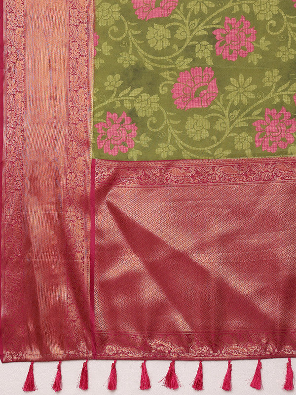 Olive Kanjeevaram Silk Digital Print Floral Saree with Unstitched Blouse - Hiral Fashion - Distacart