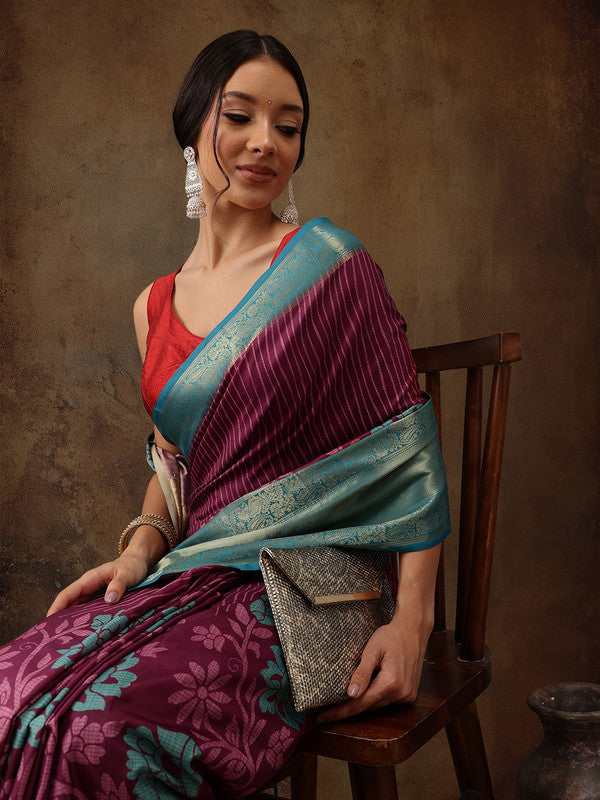 Pink Kanjeevaram Silk Digital Print Floral Saree with Unstitched Blouse - Hiral Fashion - Distacart