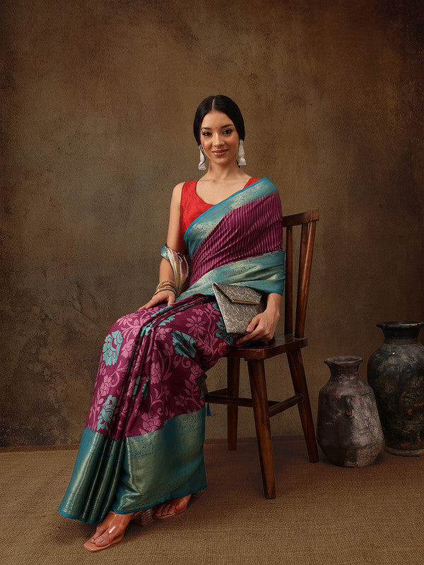 Pink Kanjeevaram Silk Digital Print Floral Saree with Unstitched Blouse - Hiral Fashion - Distacart
