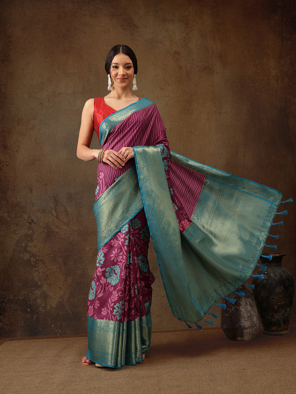 Pink Kanjeevaram Silk Digital Print Floral Saree with Unstitched Blouse - Hiral Fashion - Distacart