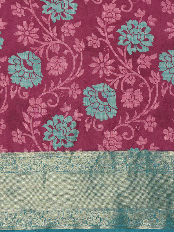 Pink Kanjeevaram Silk Digital Print Floral Saree with Unstitched Blouse - Hiral Fashion - Distacart