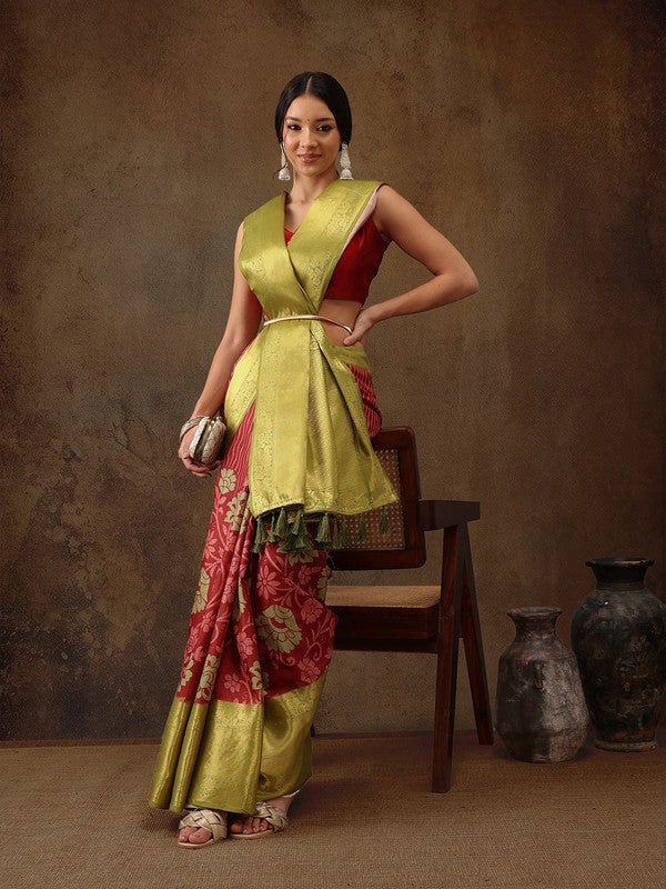 Red Kanjeevaram Silk Digital Print Floral Saree with Unstitched Blouse - Hiral Fashion - Distacart