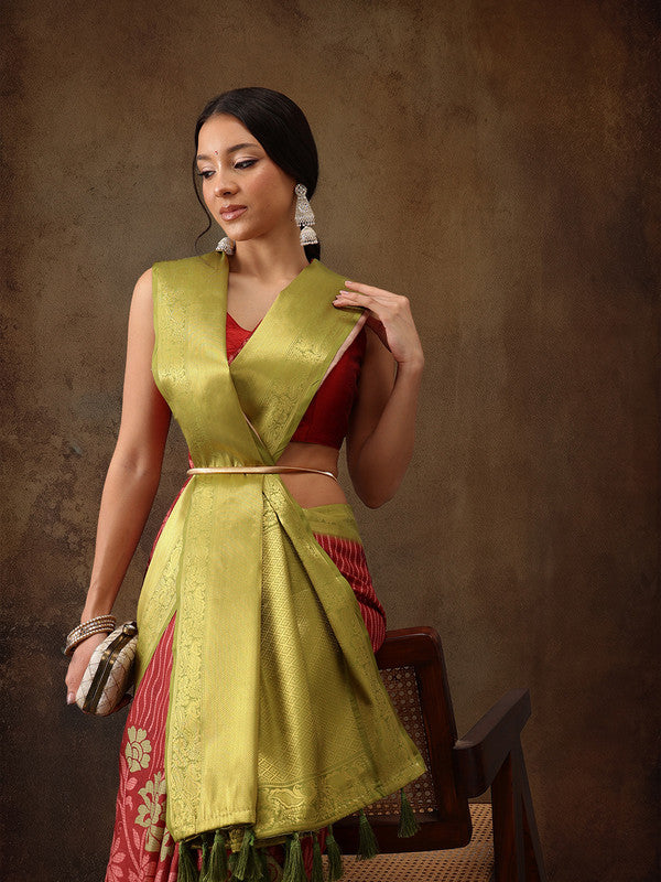 Red Kanjeevaram Silk Digital Print Floral Saree with Unstitched Blouse - Hiral Fashion - Distacart