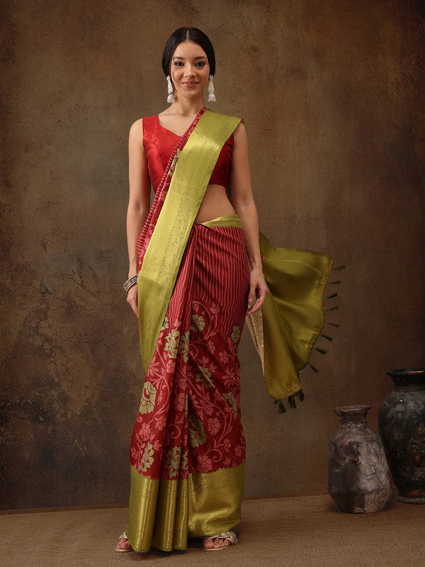 Red Kanjeevaram Silk Digital Print Floral Saree with Unstitched Blouse - Hiral Fashion - Distacart