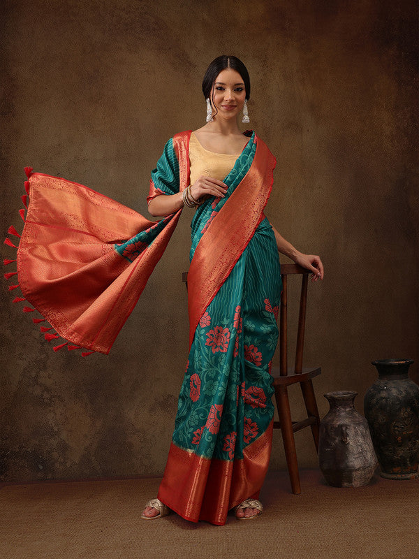 Turquoise Kanjeevaram Silk Digital Print Floral Saree with Unstitched Blouse - Hiral Fashion - Distacart
