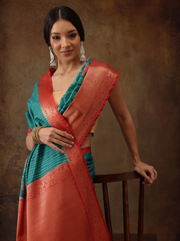 Turquoise Kanjeevaram Silk Digital Print Floral Saree with Unstitched Blouse - Hiral Fashion - Distacart