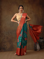 Thumbnail for Turquoise Kanjeevaram Silk Digital Print Floral Saree with Unstitched Blouse - Hiral Fashion - Distacart