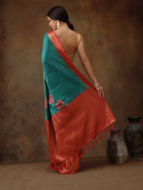 Turquoise Kanjeevaram Silk Digital Print Floral Saree with Unstitched Blouse - Hiral Fashion - Distacart