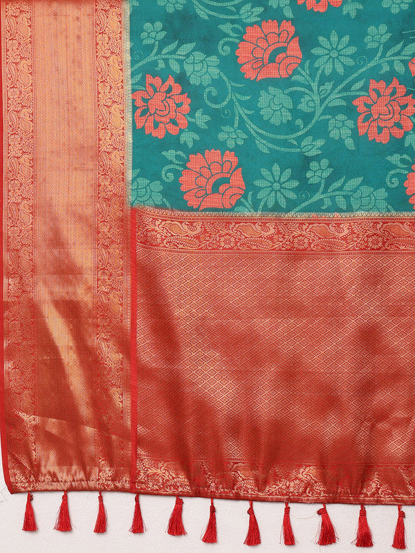 Turquoise Kanjeevaram Silk Digital Print Floral Saree with Unstitched Blouse - Hiral Fashion - Distacart
