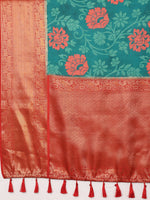 Thumbnail for Turquoise Kanjeevaram Silk Digital Print Floral Saree with Unstitched Blouse - Hiral Fashion - Distacart