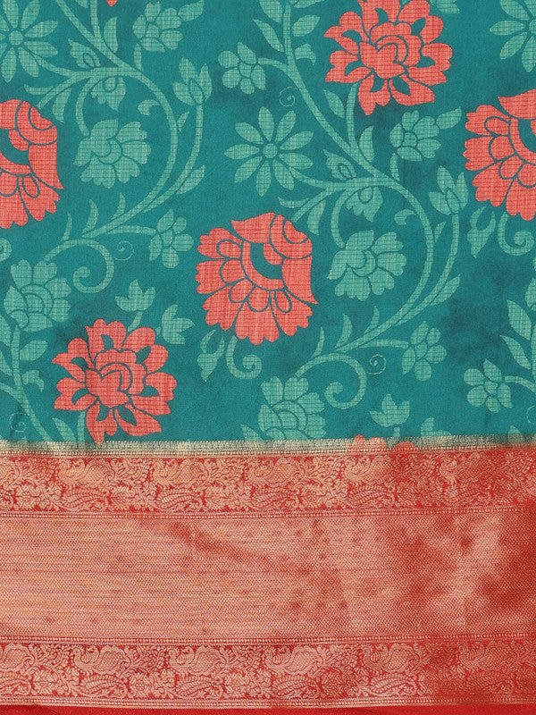 Turquoise Kanjeevaram Silk Digital Print Floral Saree with Unstitched Blouse - Hiral Fashion - Distacart