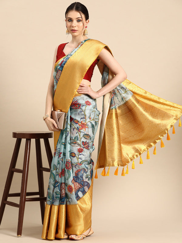 Sky Blue Munga Silk Digital Print Floral Saree with Unstitched Blouse - Hiral Fashion - Distacart