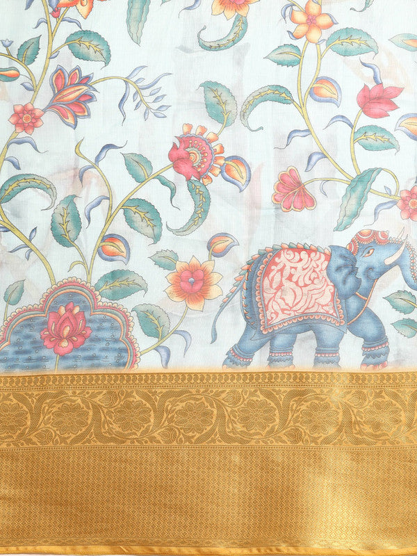 Sky Blue Munga Silk Digital Print Floral Saree with Unstitched Blouse - Hiral Fashion - Distacart