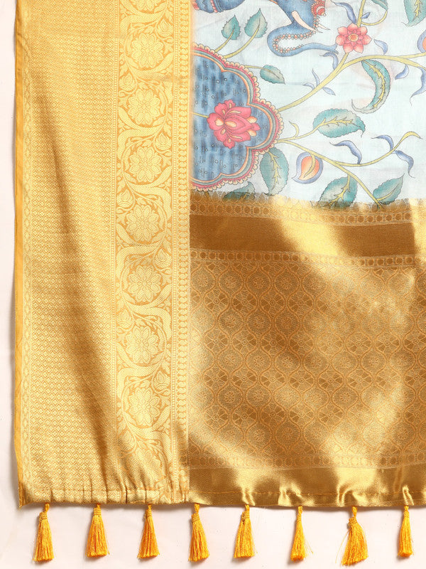 Sky Blue Munga Silk Digital Print Floral Saree with Unstitched Blouse - Hiral Fashion - Distacart