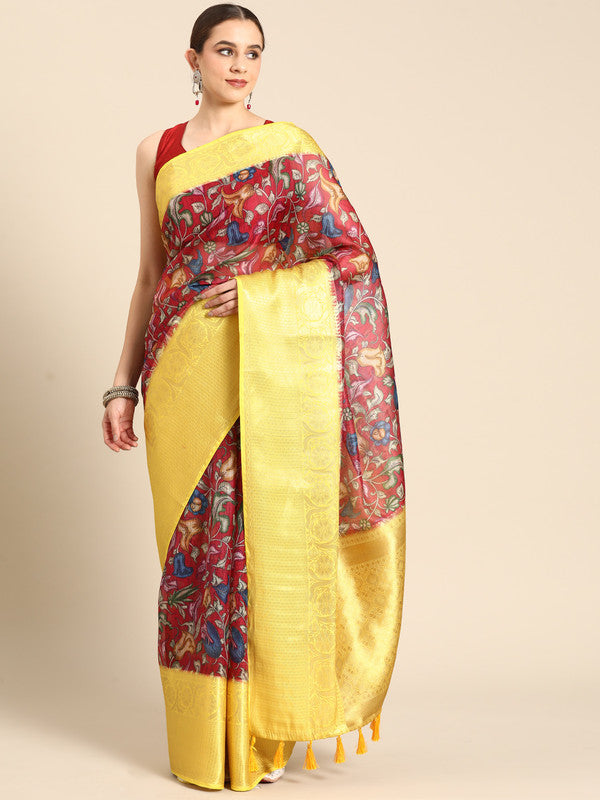 Maroon Munga Silk Digital Print Floral Saree with Unstitched Blouse - Hiral Fashion - Distacart