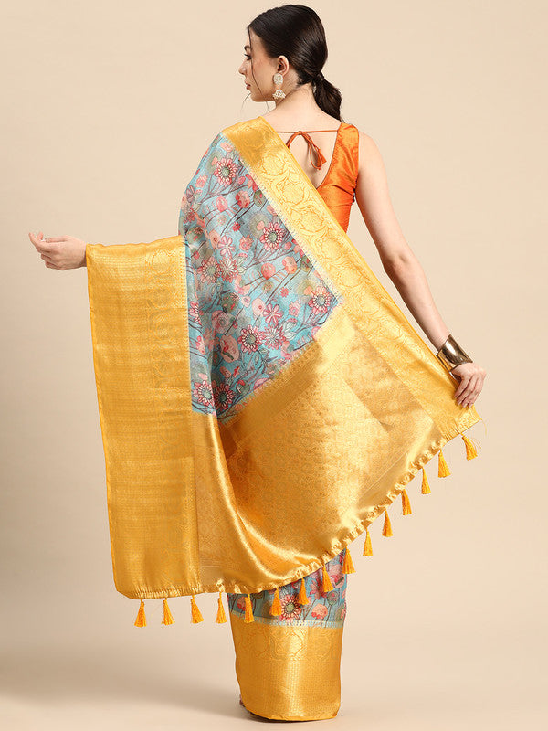Turquoise Munga Silk Digital Print Floral Saree with Unstitched Blouse - Hiral Fashion - Distacart
