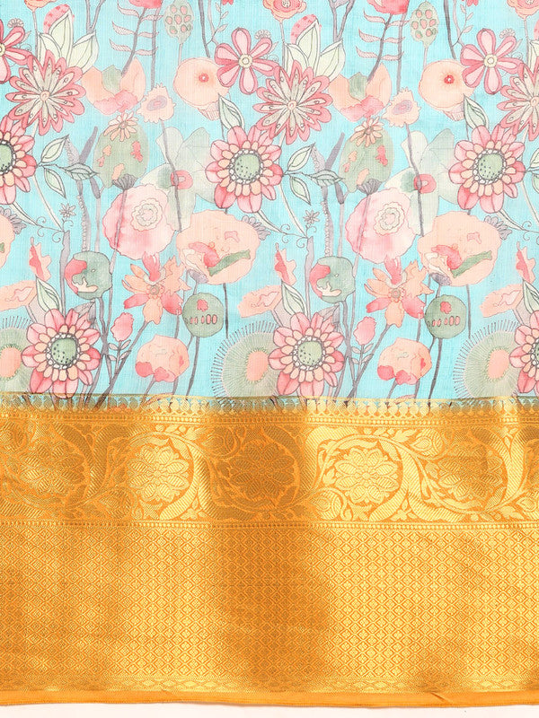 Turquoise Munga Silk Digital Print Floral Saree with Unstitched Blouse - Hiral Fashion - Distacart