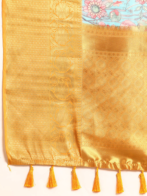 Turquoise Munga Silk Digital Print Floral Saree with Unstitched Blouse - Hiral Fashion - Distacart