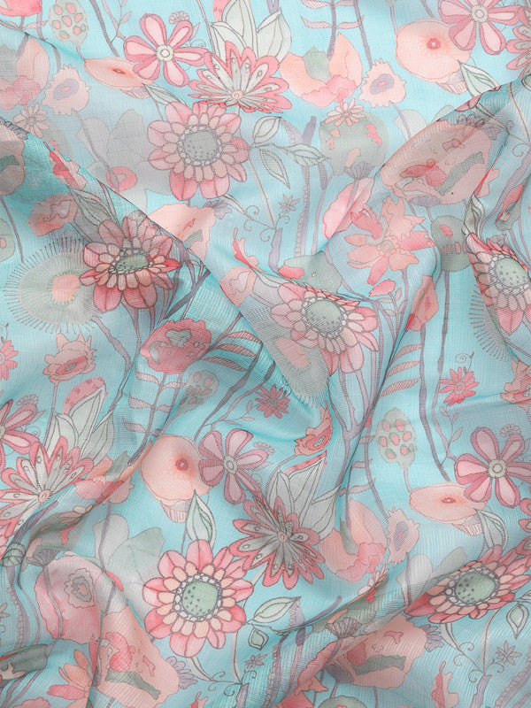 Turquoise Munga Silk Digital Print Floral Saree with Unstitched Blouse - Hiral Fashion - Distacart