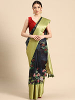 Thumbnail for Navy Blue Munga Silk Digital Print Floral Saree with Unstitched Blouse - Hiral Fashion - Distacart