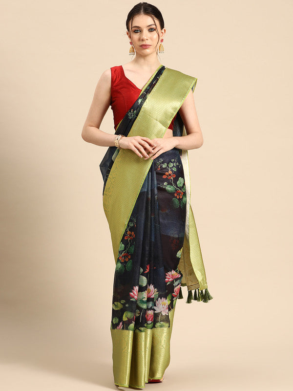 Navy Blue Munga Silk Digital Print Floral Saree with Unstitched Blouse - Hiral Fashion - Distacart