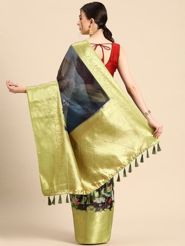 Navy Blue Munga Silk Digital Print Floral Saree with Unstitched Blouse - Hiral Fashion - Distacart