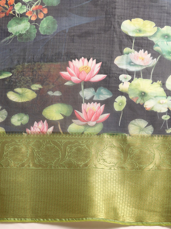 Navy Blue Munga Silk Digital Print Floral Saree with Unstitched Blouse - Hiral Fashion - Distacart