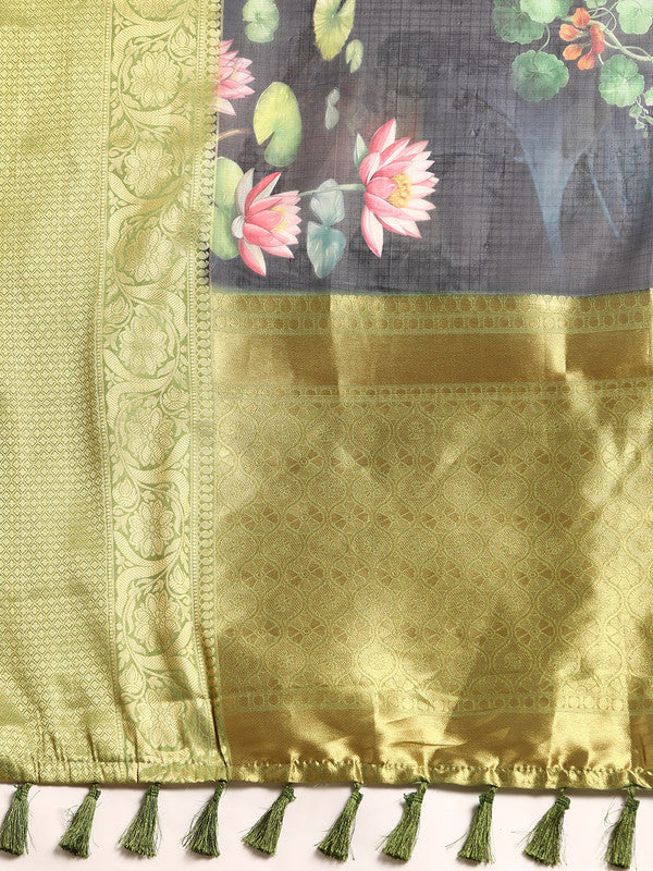 Navy Blue Munga Silk Digital Print Floral Saree with Unstitched Blouse - Hiral Fashion - Distacart