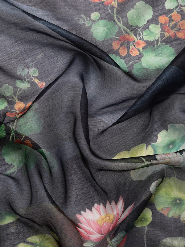 Navy Blue Munga Silk Digital Print Floral Saree with Unstitched Blouse - Hiral Fashion - Distacart