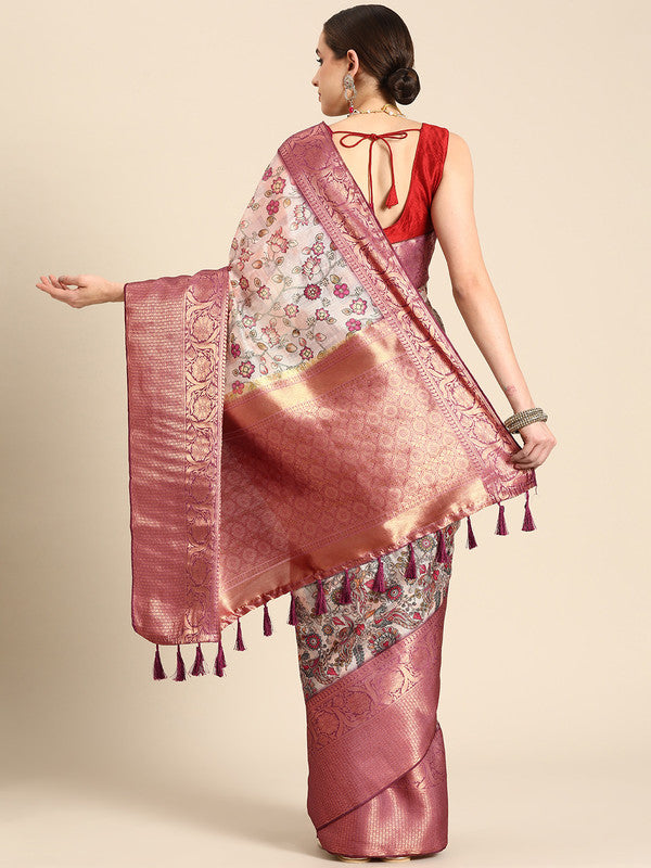 Beige Munga Silk Digital Print Floral Saree with Unstitched Blouse - Hiral Fashion - Distacart