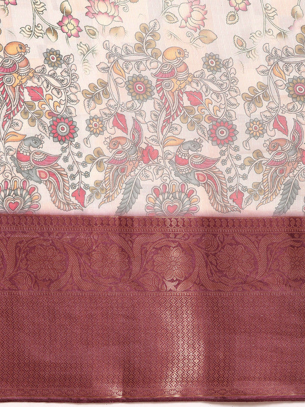 Beige Munga Silk Digital Print Floral Saree with Unstitched Blouse - Hiral Fashion - Distacart