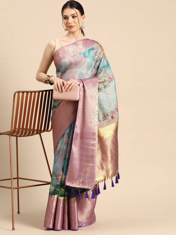 Multicolor Munga Silk Digital Print Floral Saree with Unstitched Blouse - Hiral Fashion - Distacart