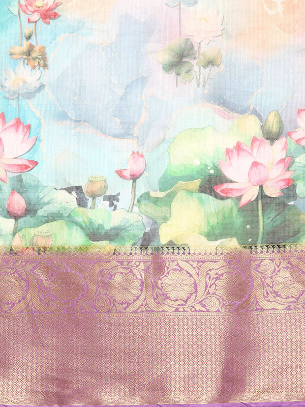 Multicolor Munga Silk Digital Print Floral Saree with Unstitched Blouse - Hiral Fashion - Distacart