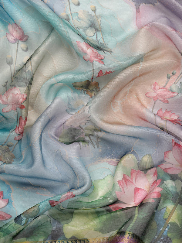 Multicolor Munga Silk Digital Print Floral Saree with Unstitched Blouse - Hiral Fashion - Distacart