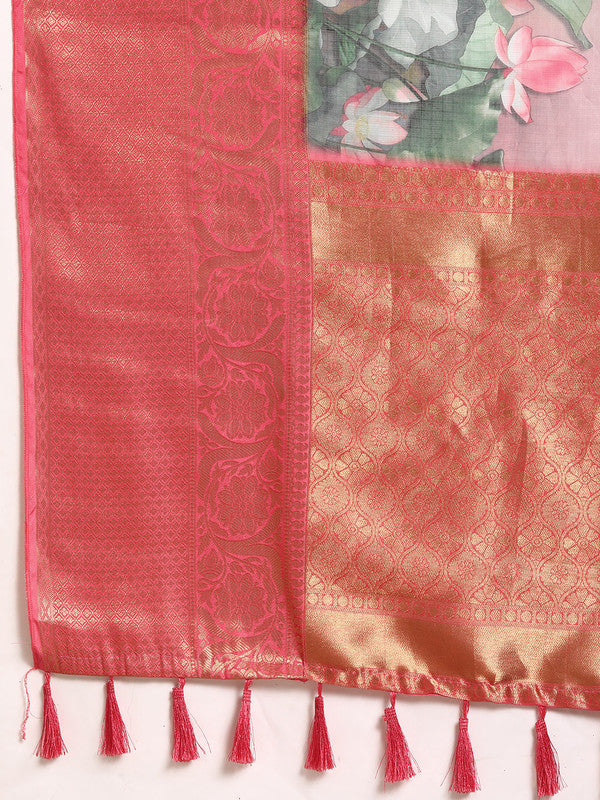 Multicolor Munga Silk Digital Print Floral Saree with Unstitched Blouse - Hiral Fashion - Distacart