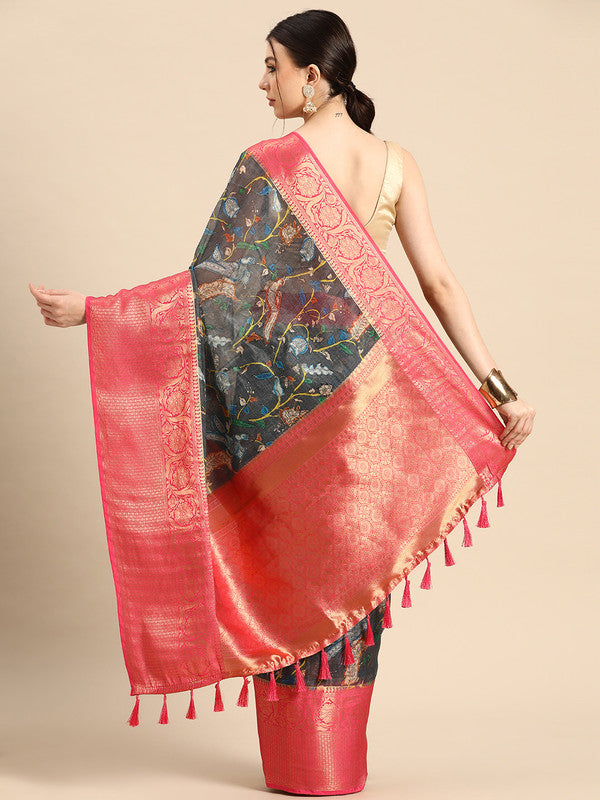 Gray Munga Silk Digital Print Floral Saree with Unstitched Blouse - Hiral Fashion - Distacart