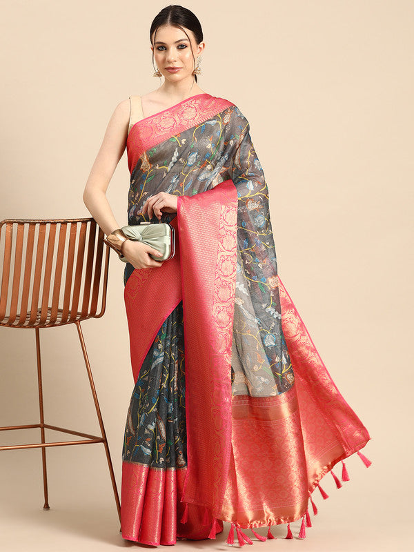 Gray Munga Silk Digital Print Floral Saree with Unstitched Blouse - Hiral Fashion - Distacart