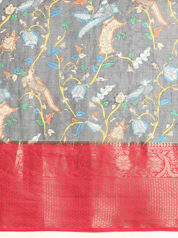 Gray Munga Silk Digital Print Floral Saree with Unstitched Blouse - Hiral Fashion - Distacart