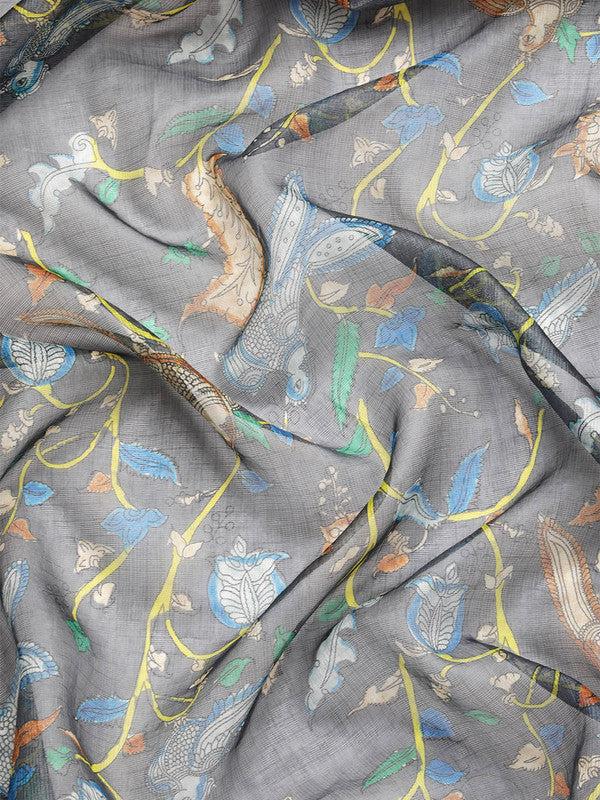 Gray Munga Silk Digital Print Floral Saree with Unstitched Blouse - Hiral Fashion - Distacart