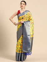 Thumbnail for Yellow Munga Silk Digital Print Floral Saree with Unstitched Blouse - Hiral Fashion - Distacart