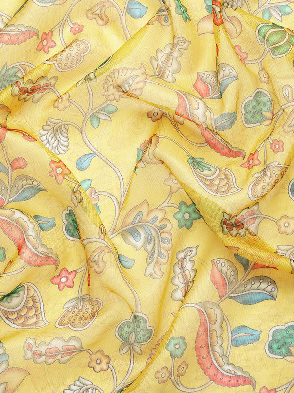 Yellow Munga Silk Digital Print Floral Saree with Unstitched Blouse - Hiral Fashion - Distacart