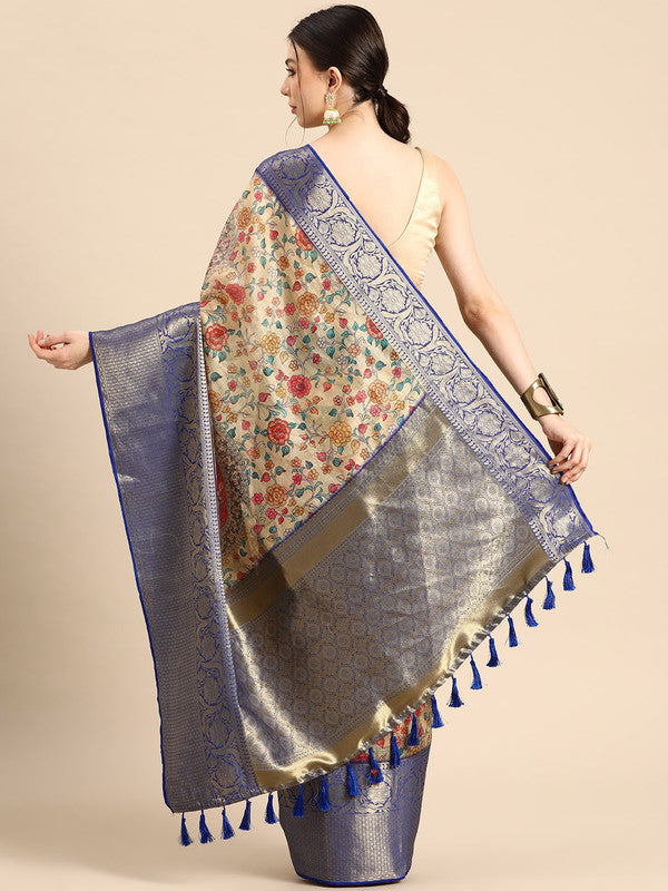 Beige Munga Silk Digital Print Floral Saree with Unstitched Blouse - Hiral Fashion - Distacart