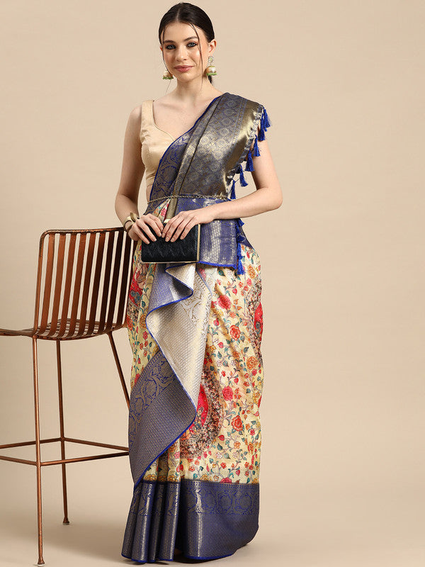 Beige Munga Silk Digital Print Floral Saree with Unstitched Blouse - Hiral Fashion - Distacart