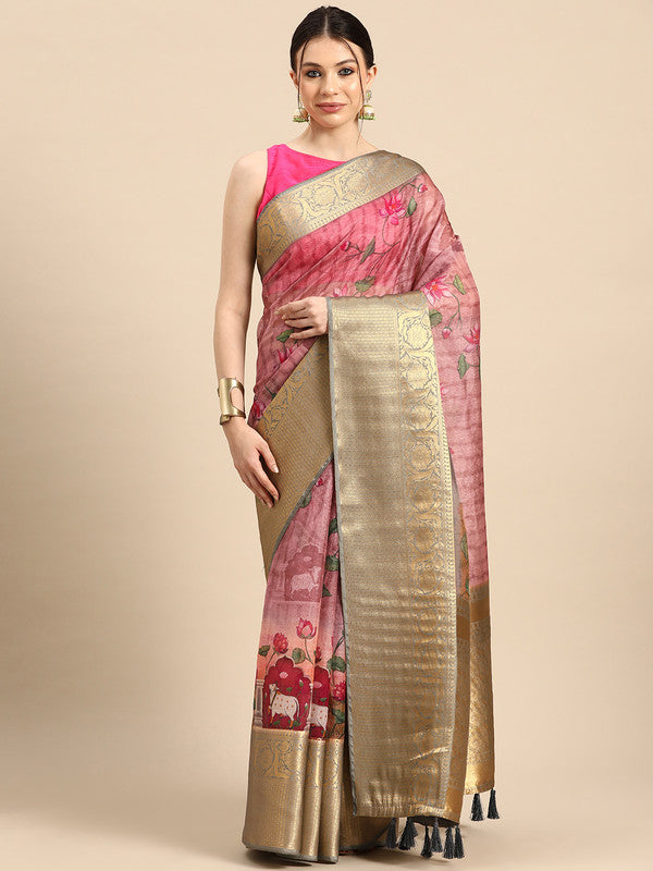 Beige Munga Silk Digital Print Floral Saree with Unstitched Blouse - Hiral Fashion - Distacart