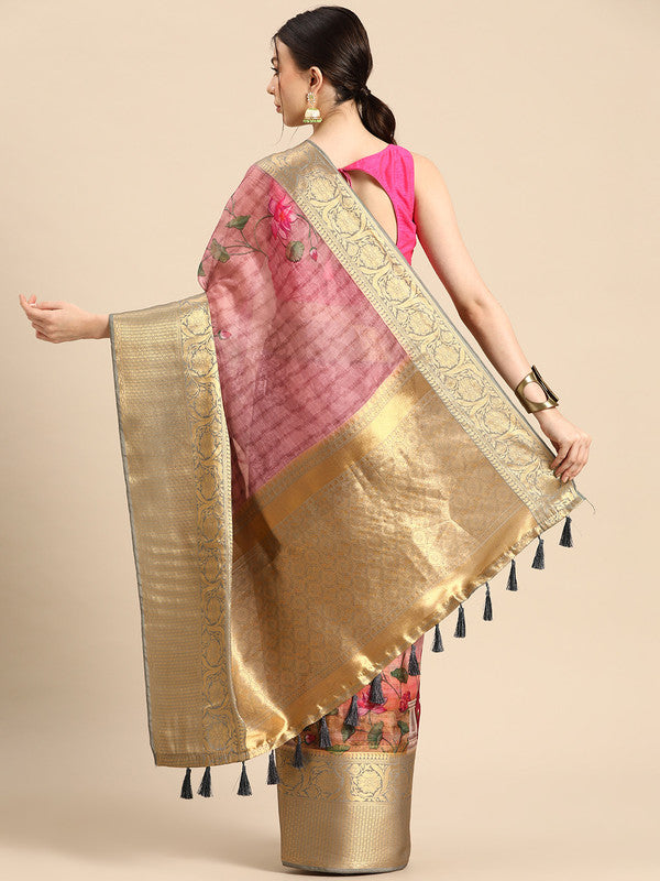 Beige Munga Silk Digital Print Floral Saree with Unstitched Blouse - Hiral Fashion - Distacart
