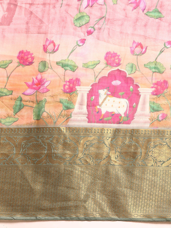 Beige Munga Silk Digital Print Floral Saree with Unstitched Blouse - Hiral Fashion - Distacart