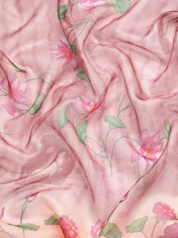 Beige Munga Silk Digital Print Floral Saree with Unstitched Blouse - Hiral Fashion - Distacart