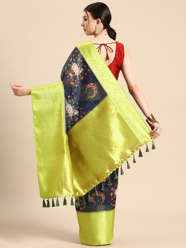 Navy Blue Munga Silk Digital Print Animal Print Saree with Unstitched Blouse - Hiral Fashion - Distacart