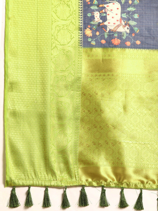 Navy Blue Munga Silk Digital Print Animal Print Saree with Unstitched Blouse - Hiral Fashion - Distacart