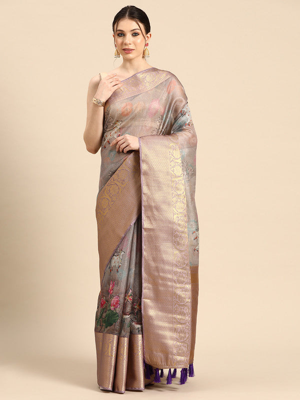 Gray Munga Silk Digital Print Kalamkari Saree with Unstitched Blouse - Hiral Fashion - Distacart